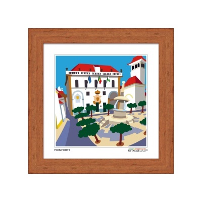 Quadro decorativo com ilustração da praça em Monforte com edifícios brancos e telhados vermelhos