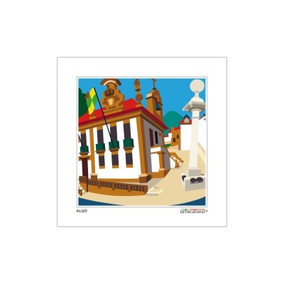 Gravura de edifício com bandeira verde e amarela, coluna branca e céu azul