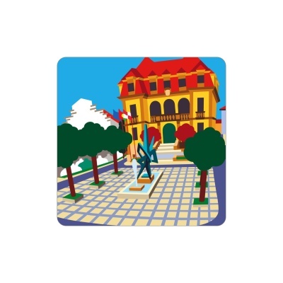 Ilustração digital de edifício amarelo com telhado vermelho e praça com árvores e escultura abstrata.