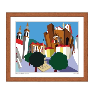 Ilustração urbana colorida em moldura de madeira