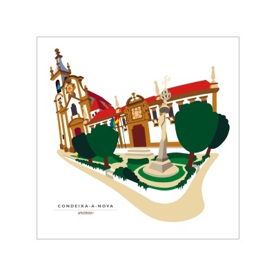 Ilustração digital colorida de uma praça com edifícios e árvores