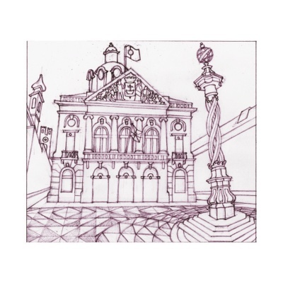 Desenho a tinta de um edifício histórico com colunas e uma coluna ornamentada em primeiro plano