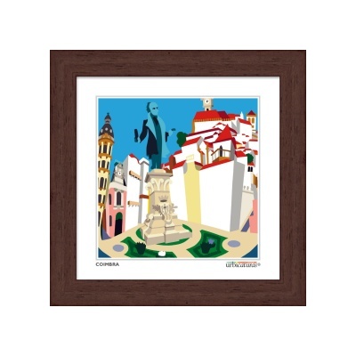 Ilustração colorida de Coimbra numa moldura de madeira escura