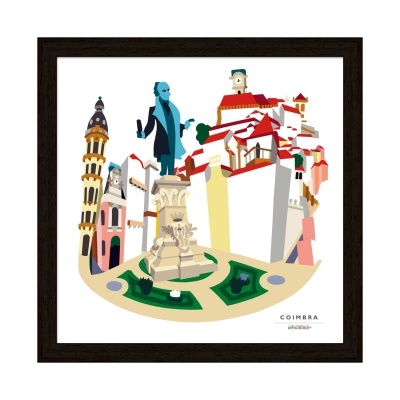 Ilustração colorida da estátua e edifícios de Coimbra em moldura preta