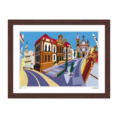 Ilustração digital de edifícios históricos com ruas curvas e torre com relógio num quadro com moldura castanha