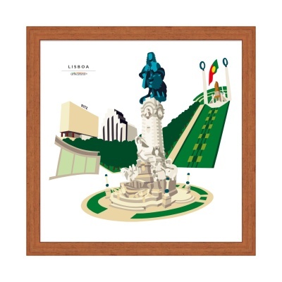 Ilustração colorida de monumentos em Lisboa com moldura de madeira