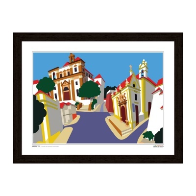 Ilustração de rua com edifícios históricos coloridos e árvores emoldurada