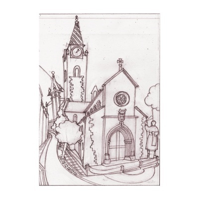 Ilustração a preto e branco de igreja com torre e estátua