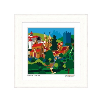 Gravura colorida de vila histórica em moldura branca