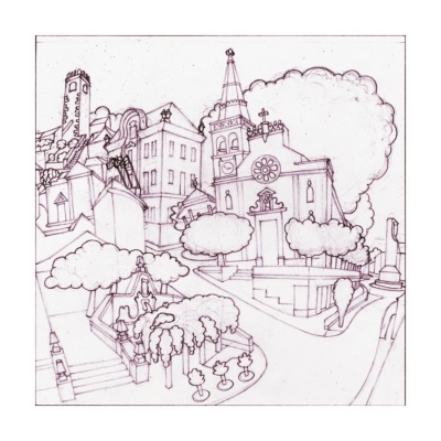 Desenho a preto e branco de cidade com igreja, árvores e escadaria