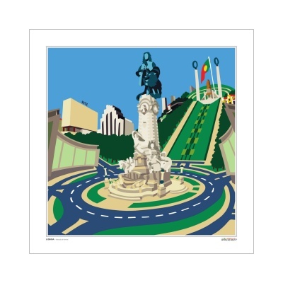 Ilustração colorida do Monumento aos Restauradores em Lisboa com estrada e edifícios ao fundo