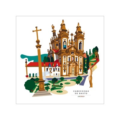 Ilustração colorida da igreja barroca de Cabeceiras de Basto com cruz dourada e jardim