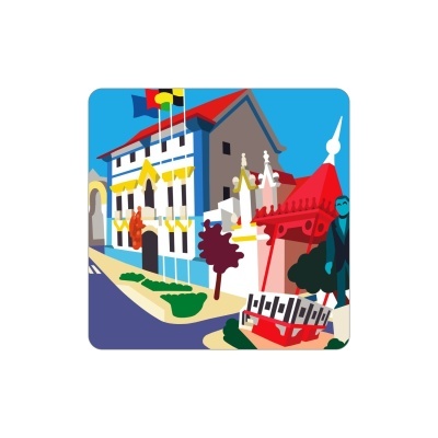 Ilustração digital colorida de rua com edifícios e bandeiras