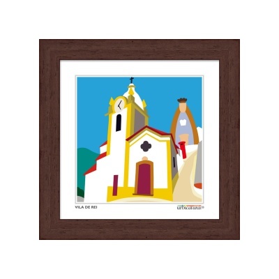 Ilustração colorida de igreja e chaminé emoldurada em madeira castanha