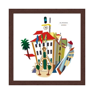 Ilustração colorida de edifício com relógio e texto Almada Portugal