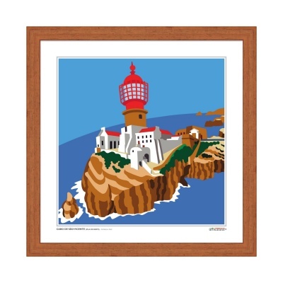 Quadro colorido com farol vermelho e penhasco à beira-mar