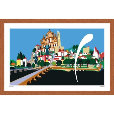 Gravura colorida de igreja e edifícios em morro com moldura de madeira castanha