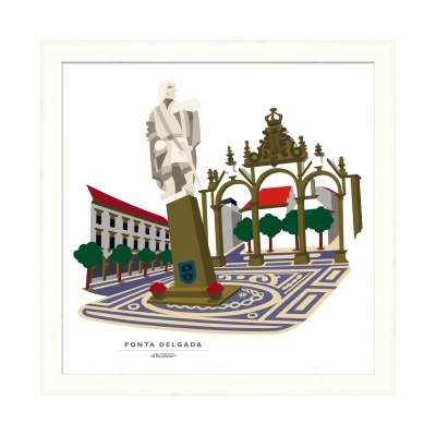 Ilustração digital de monumento e arco em Ponta Delgada com cores e elementos arquitetónicos