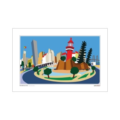 Ilustração gráfica de um farol vermelho e edifícios num ambiente urbano