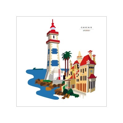 Ilustração digital de farol e edifícios em Cascais