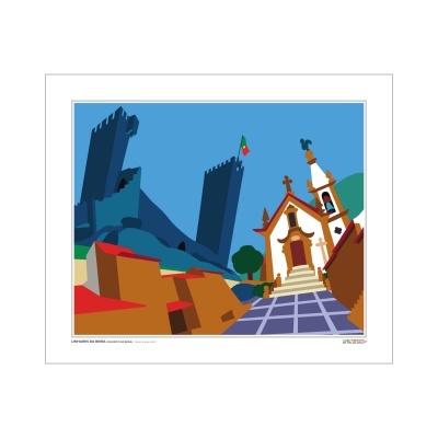 Ilustração colorida de castelo, igreja, árvores e céu azul