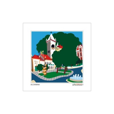 Imagem gráfica de uma praça com edifícios, árvores e fonte, texto ALCANENA e urb&cultura.
