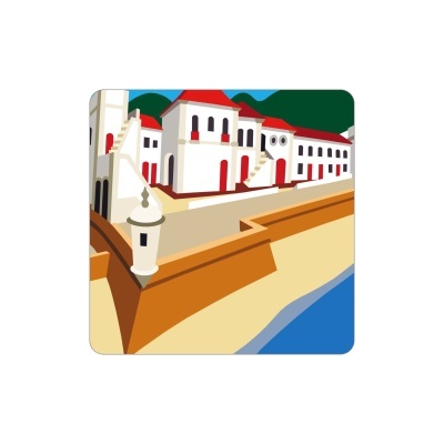 Imagem vetorial de edifício branco com portas vermelhas, muralha castanha e mar azul