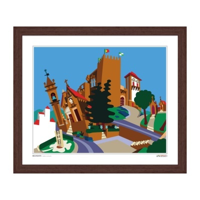 Gravura colorida de paisagem urbana com moldura de madeira escura