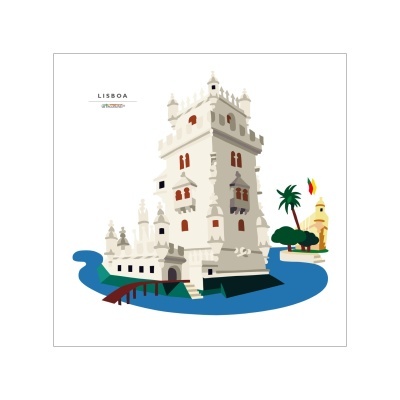 Ilustração da Torre de Belém em Lisboa com texto LISBOA e logo Be Portugal