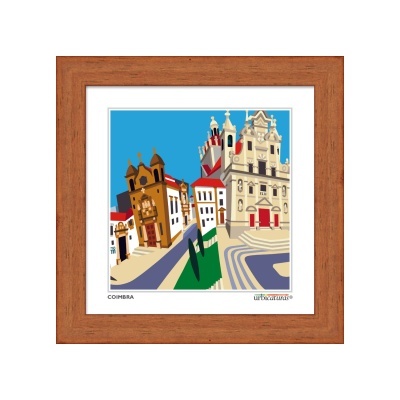 quadro digital de rua com edifícios históricos de Coimbra com moldura de madeira
