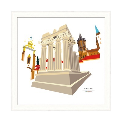 Ilustração emoldurada de monumentos históricos em Évora, Portugal