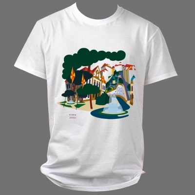 T-shirt branca com estampa colorida de arquitetura e árvores