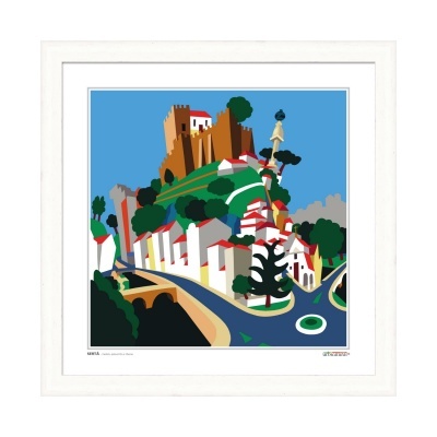 Ilustração colorida de paisagem urbana com castelo, casas e árvores em moldura branca