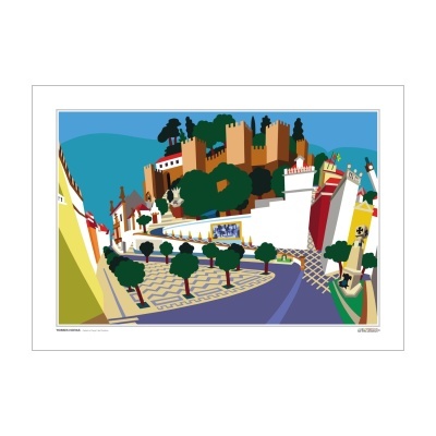 Ilustração colorida de um castelo com árvores e padrão geométrico no chão