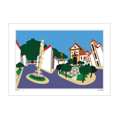 Ilustração colorida de praça com fonte, árvores, edifícios brancos com telhados vermelhos e igreja ao fundo