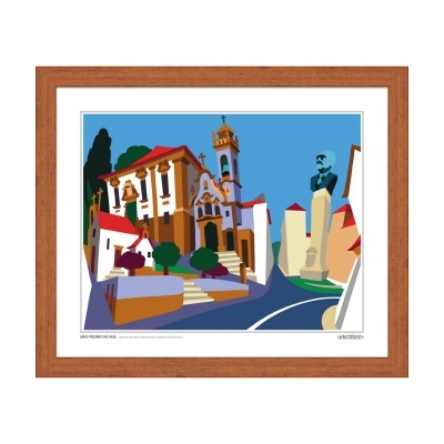 Ilustração emoldurada de igreja, estátua e paisagem urbana com céu azul