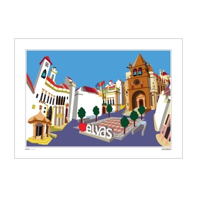 Ilustração de edifícios e praça com sinal 'Elvas'