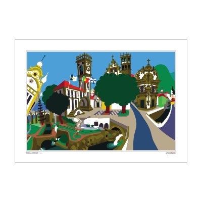 Ilustração colorida da zona centro da Ribeira Grande com edifícios históricos, ruas e árvores