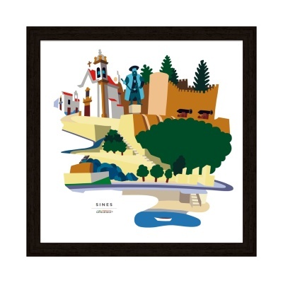 Ilustração de pontos turísticos em Sines com castelo, árvores e rio, texto SINES e ALENTEJO COSTA VICENTINA