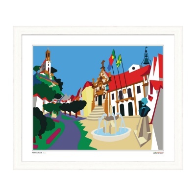 Gravura colorida de praça com fonte e edifícios em moldura branca