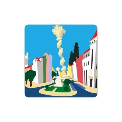 Ilustração digital de praça com coluna torcida e edifícios coloridos