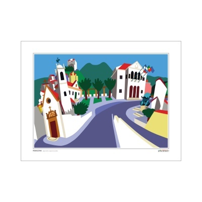 Ilustração de paisagem com casas brancas e telhados vermelhos junto a uma estrada azul