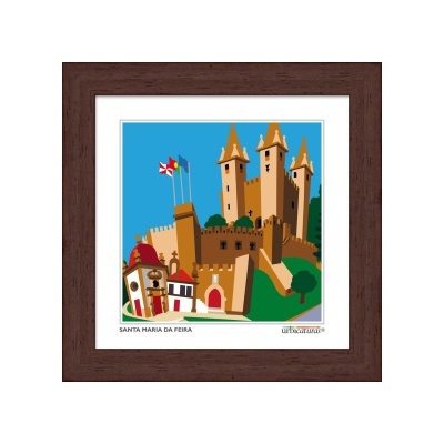 Ilustração colorida do castelo de Santa Maria da Feira com moldura castanha