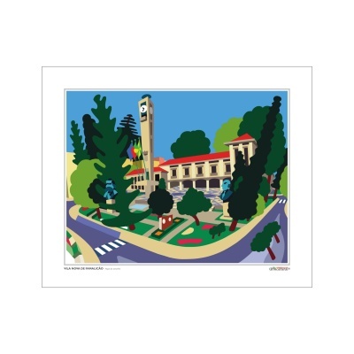 Ilustração da Câmara Municipal de Vila Nova de Famalicão com árvores e torre de relógio