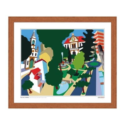 Ilustração colorida de Vale de Cambra com capela, árvores e fontes emoldurada em madeira.