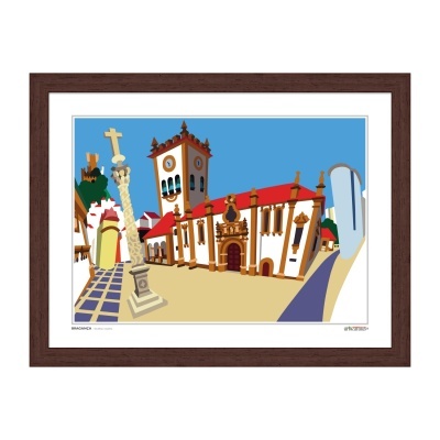 Ilustração colorida de edifício histórico com torre de relógio e estátua, emoldurada