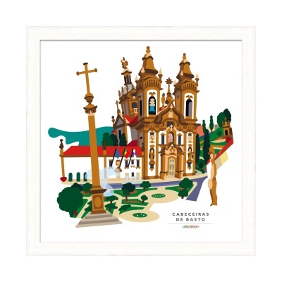 Quadro branco com ilustração colorida da igreja de Cabeceiras de Basto