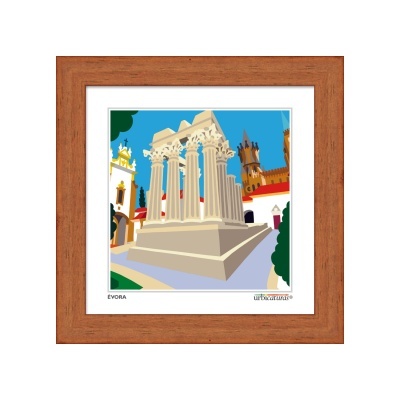 Ilustração colorida de monumento antigo com colunas brancas em moldura de madeira