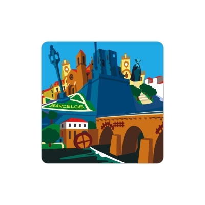 Ilustração colorida de pontos turísticos de Barcelos com texto BARCELÓS