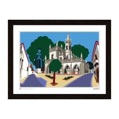 Quadro emoldurado com ilustração digital colorida de praça e arquitetura gótica